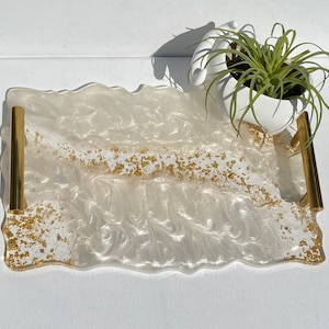 Geode agate Moonstone white resin decorative serving tray with modern gold bar handles 11.5x7.5 CUSTOM colors available message for info