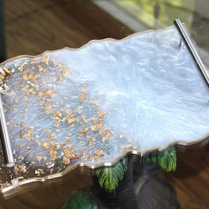 Handmade Resin Tray With handles Pearl White Gold Tray With Gold Flakes Gift Trays Breakfast Tray Vanity Tray Wedding Tray Decorative Tray