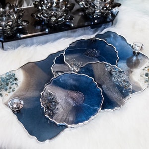 Handmade Ocean Inspired Blue Sparkle Resin Tray W/ Crystal Knob handles & Coasters Geode Tray Breakfast Tray Vanity Tray Resin Gift Tray