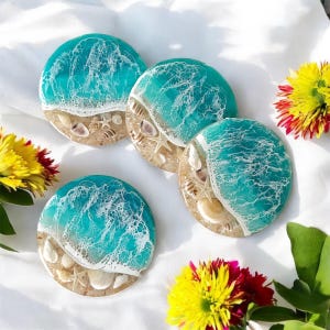 Ocean Designed Coaster Set | Engraved Personalized | Natural Seashells | Epoxy Resin |