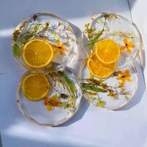 Resin Coaster Set Of 4 Handmade Epoxy Decor Flowers Citrus Botanical Coaster Set Kitchen Table Accessories Unique Handmade Gift For Hostess