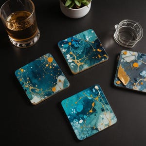 Set of 3 Abstract Resin Coasters – Handmade Epoxy Drink Coasters with Gold Accents – Modern Home Decor Gift