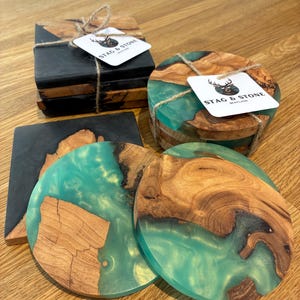 Premium Rustic Wooden Drink Coaster Sets with Marbled Resin | Coffee, Tea, Wine, Cocktail & Beer Coasters | Perfect Gifts