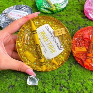 Personalized Clear Resin Coaster for Teachers – Custom Name Drink Coaster with Crayon, Pencil & Confetti – Back to School Gift