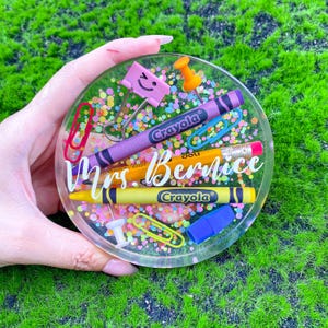 Personalized Clear Resin Coaster for Teachers – Custom Name Drink Coaster with Crayon, Pencil & Confetti – Back to School Gift