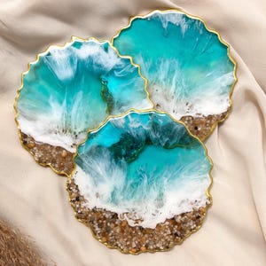 Resin ocean coaster set, Beach inspired coasters, Beach resin coasters, Resin coaster with waves, Sea themed home decor, birthday gift