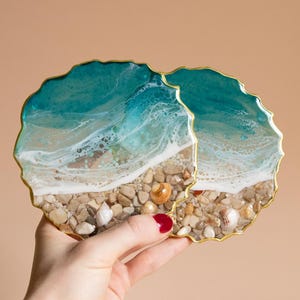 Resin ocean coaster set, Beach inspired coasters, Beach resin coasters, Resin coaster with waves, Sea themed home decor, birthday gift